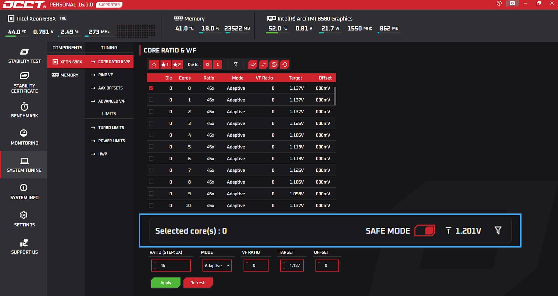 OCCT System Tuning Safeguards